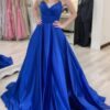 A-line V Neck Sleeveless Court Train Satin Prom Dresses With Bowknot Pleated Waistband-0