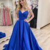 A-line V Neck Sleeveless Court Train Satin Prom Dresses With Bowknot Pleated Waistband-479