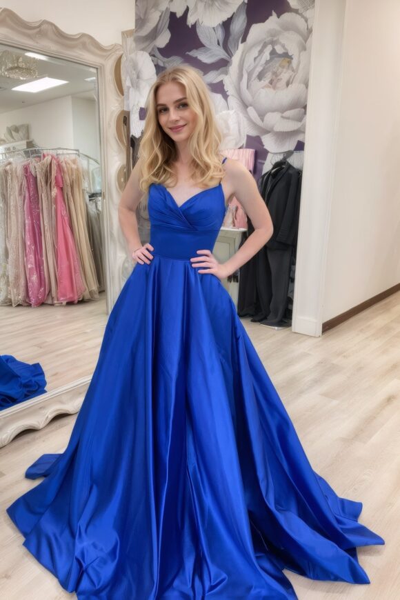A-line V Neck Sleeveless Court Train Satin Prom Dresses With Bowknot Pleated Waistband-479 A-line V Neck Sleeveless Court Train Satin Prom Dresses With Bowknot Pleated Waistband-479
