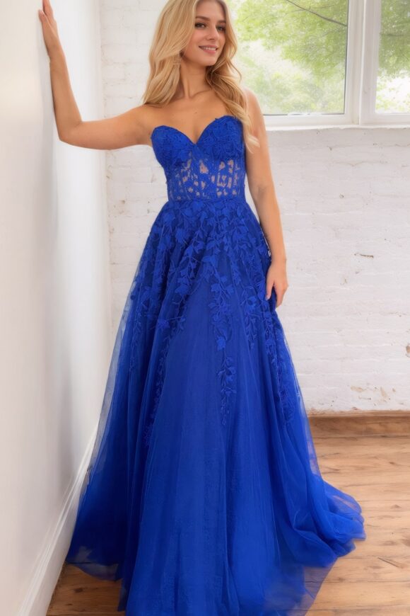 A-line/Princess Sweetheart Sleeveless Tulle Sweep Train Prom Dress With Appliqued-806 A-line/Princess Sweetheart Sleeveless Tulle Sweep Train Prom Dress With Appliqued-806