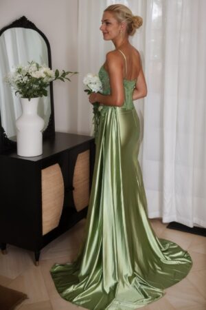 Prom Dress 2025 Green Silk Spaghetti Mermaid Strapless Long Formal Dress with Split