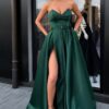 A-line Lace V Neck Satin Long Prom Dresses Sleeveless Green Formal Evening Gowns