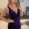 Shining Velvet Sequins Sheath Homecoming Dress V Neck Short/Mini-605