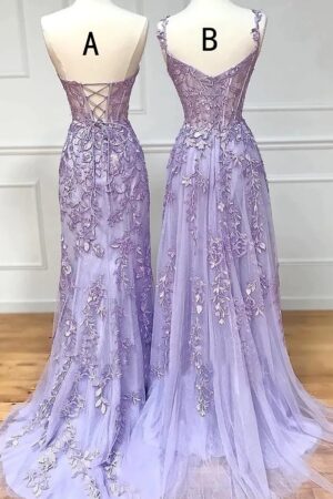 A-line Sweetheart Spaghetti Straps Sweep Train Lace Prom Dress With Beading-432