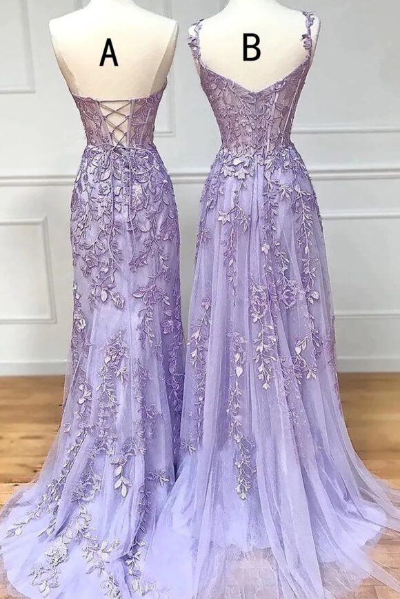 A-line Sweetheart Spaghetti Straps Sweep Train Lace Prom Dress With Beading-432 A-line Sweetheart Spaghetti Straps Sweep Train Lace Prom Dress With Beading-432