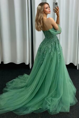 A-line Off-the-Shoulder Sleeveless Tulle Long Prom Dresses Green Ball Gowns-780