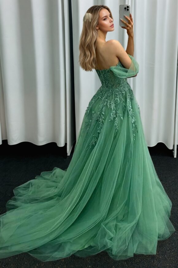 A-line Off-the-Shoulder Sleeveless Tulle Long Prom Dresses Green Ball Gowns-780 A-line Off-the-Shoulder Sleeveless Tulle Long Prom Dresses Green Ball Gowns-780