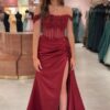 Prom Dress 2025 Burgundy Satin Strapless Sheath Long Sleeveless Formal Dress