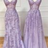 A-line Sweetheart Spaghetti Straps Sweep Train Lace Prom Dress With Beading-0