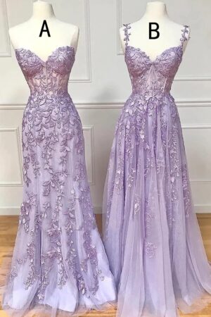 A-line Sweetheart Spaghetti Straps Sweep Train Lace Prom Dress With Beading-0