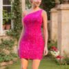 Sheath/Column One-Shoulder Sleeveless Sequined Short/Mini Homecoming Dress-0