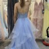 A-line V Neck Sleeveless Long/Floor-Length Tulle Charmeuse Prom Dresses With Appliqued Lace-481