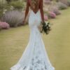 Trumpet/Mermaid V-neck Sleeveless Lace Applique Sweep/Brush Train Wedding Dresses-687