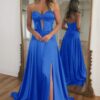 A-line/Princess Sweetheart Silk Sleeveless Long Blue Prom Dresses-0