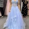 A-line V Neck Sleeveless Long/Floor-Length Tulle Charmeuse Prom Dresses With Appliqued Lace-482