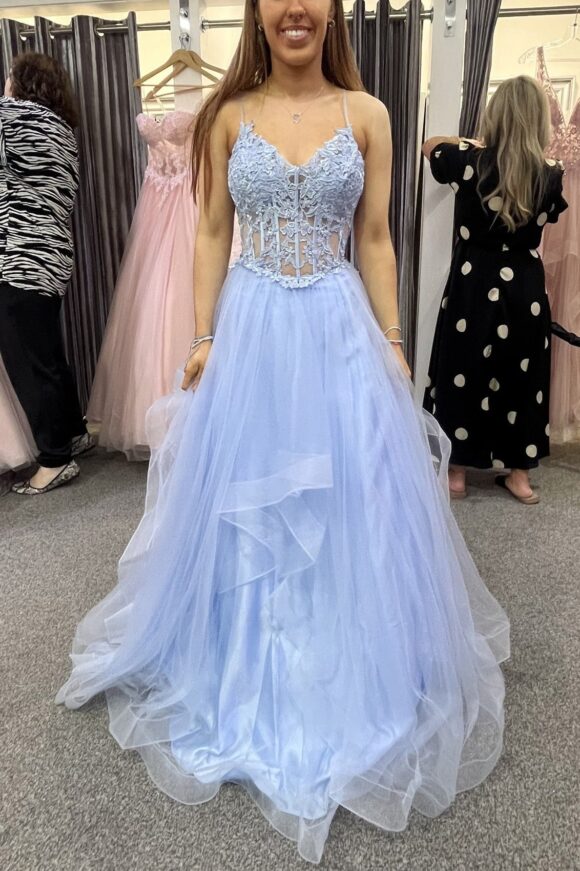 A-line V Neck Sleeveless Long/Floor-Length Tulle Charmeuse Prom Dresses With Appliqued Lace-482 A-line V Neck Sleeveless Long/Floor-Length Tulle Charmeuse Prom Dresses With Appliqued Lace-482