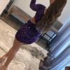 Sheath/Column One-Shoulder Full/Long Sleeve Short/Mini Velvet Sequins Homecoming Dress-603
