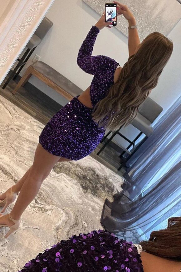 Sheath/Column One-Shoulder Full/Long Sleeve Short/Mini Velvet Sequins Homecoming Dress-603 Sheath/Column One-Shoulder Full/Long Sleeve Short/Mini Velvet Sequins Homecoming Dress-603