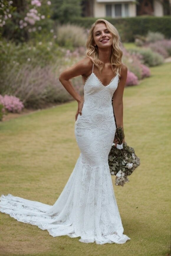 Trumpet/Mermaid V-neck Sleeveless Lace Applique Sweep/Brush Train Wedding Dresses-0 Trumpet/Mermaid V-neck Sleeveless Lace Applique Sweep/Brush Train Wedding Dresses-0