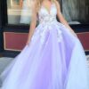 A-line Princess V Neck Sweep Train Tulle Prom Dresses With Appliqued-0