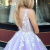 A-line Princess V Neck Sweep Train Tulle Prom Dresses With Appliqued-471