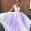 A-line Princess V Neck Sweep Train Tulle Prom Dresses With Appliqued-472