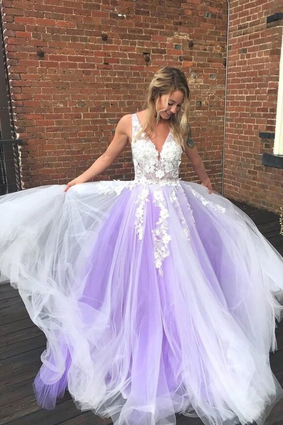 A-line Princess V Neck Sweep Train Tulle Prom Dresses With Appliqued-472 A-line Princess V Neck Sweep Train Tulle Prom Dresses With Appliqued-472