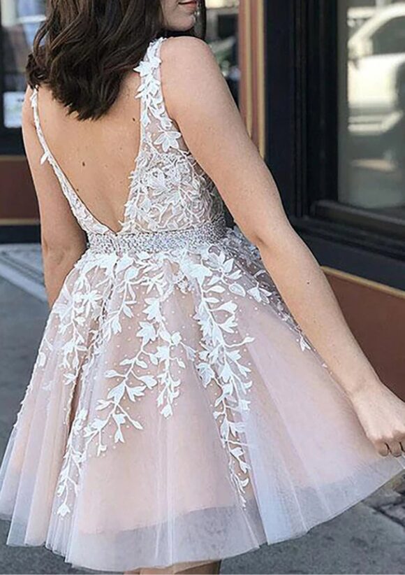 Short/Mini A-line V Neck Lace Tulle Homecoming Dress With Appliqued Beading-645 Short/Mini A-line V Neck Lace Tulle Homecoming Dress With Appliqued Beading-645