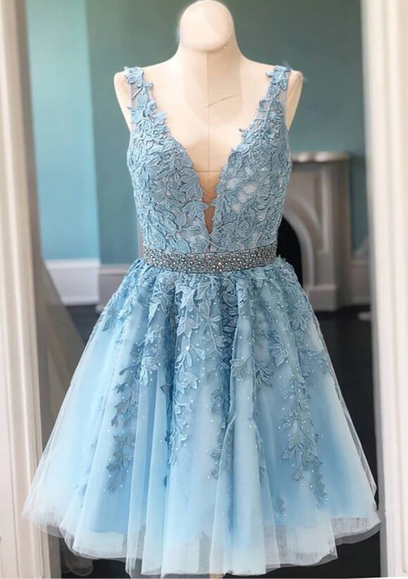 Short/Mini A-line V Neck Lace Tulle Homecoming Dress With Appliqued Beading-646 Short/Mini A-line V Neck Lace Tulle Homecoming Dress With Appliqued Beading-646