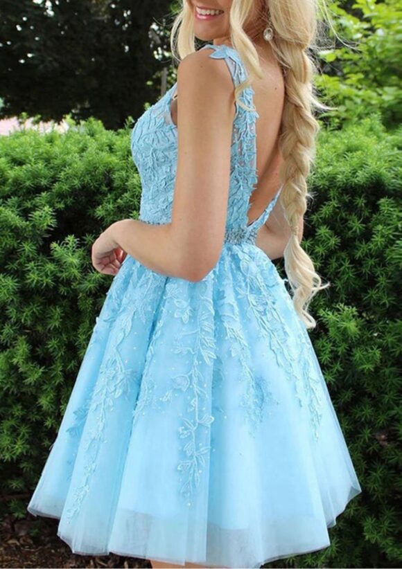 Short/Mini A-line V Neck Lace Tulle Homecoming Dress With Appliqued Beading-647 Short/Mini A-line V Neck Lace Tulle Homecoming Dress With Appliqued Beading-647