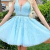 Short/Mini A-line V Neck Lace Tulle Homecoming Dress With Appliqued Beading-648