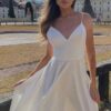A-line V Neck Sleeveless Satin Tea-Length Homecoming Dress-629