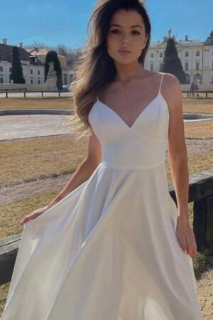A-line V Neck Sleeveless Satin Tea-Length Homecoming Dress-629