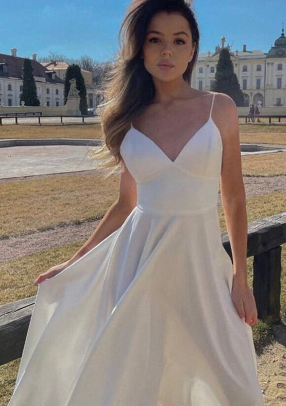 A-line V Neck Sleeveless Satin Tea-Length Homecoming Dress-629 A-line V Neck Sleeveless Satin Tea-Length Homecoming Dress-629