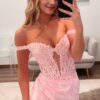 Trumpet/Mermaid Silk Off-the-Shoulder Long Pink Prom Dresses with Slit-818
