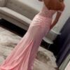 Trumpet/Mermaid Silk Off-the-Shoulder Long Pink Prom Dresses with Slit-819