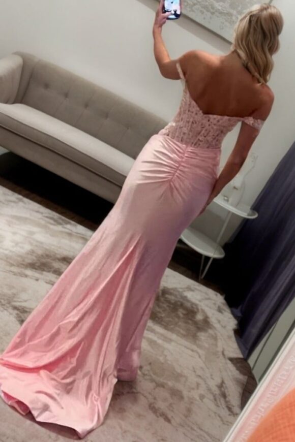 Trumpet/Mermaid Silk Off-the-Shoulder Long Pink Prom Dresses with Slit-819 Trumpet/Mermaid Silk Off-the-Shoulder Long Pink Prom Dresses with Slit-819