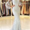 Trumpet/Mermaid V Neck 3/4 Sleeve Sweep Train Tulle Prom Dresses With Waistband Appliqued