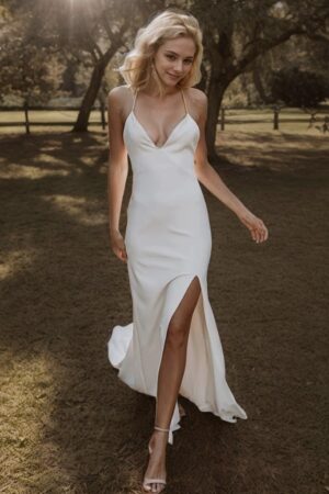 Sheath/Column Stretch Crepe Ruffles V-neck Sleeveless Sweep/Brush Train Wedding Dresses-0
