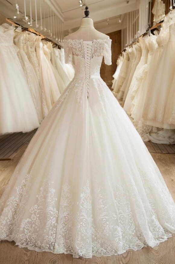 Ball Gown 1/2 Sleeves Off-the-Shoulder Floor-Length Applique Lace Tulle Wedding Dresses-707 Ball Gown 1/2 Sleeves Off-the-Shoulder Floor-Length Applique Lace Tulle Wedding Dresses-707