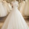 Ball Gown 1/2 Sleeves Off-the-Shoulder Floor-Length Applique Lace Tulle Wedding Dresses-0