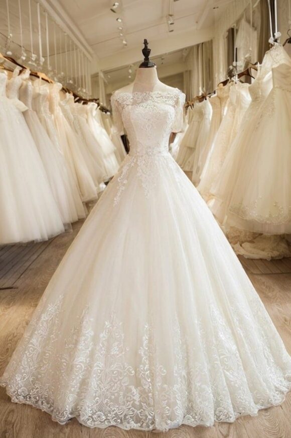 Ball Gown 1/2 Sleeves Off-the-Shoulder Floor-Length Applique Lace Tulle Wedding Dresses-0 Ball Gown 1/2 Sleeves Off-the-Shoulder Floor-Length Applique Lace Tulle Wedding Dresses-0