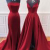 A-line Trumpet/Mermaid Sleeveless Sweep Train Satin Prom Dresses With Split-0