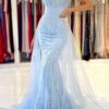Trumpet/Mermaid Spaghetti Straps Court Train Lace Tulle Prom Dresses With Waistband