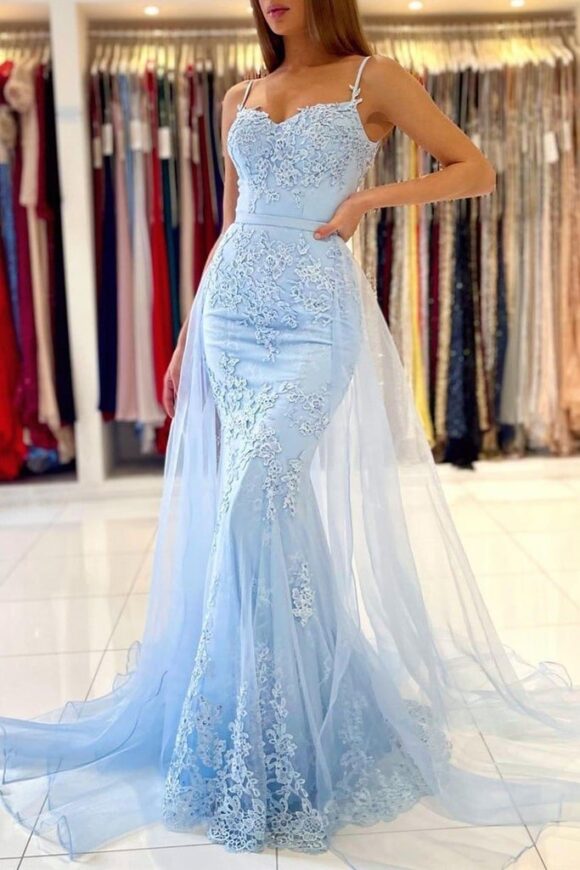 Trumpet/Mermaid Spaghetti Straps Court Train Lace Tulle Prom Dresses With Waistband Trumpet/Mermaid Spaghetti Straps Court Train Lace Tulle Prom Dresses With Waistband