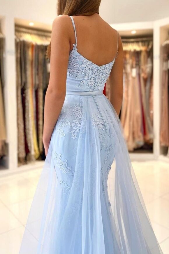 Trumpet/Mermaid Spaghetti Straps Court Train Lace Tulle Prom Dresses With Waistband Trumpet/Mermaid Spaghetti Straps Court Train Lace Tulle Prom Dresses With Waistband