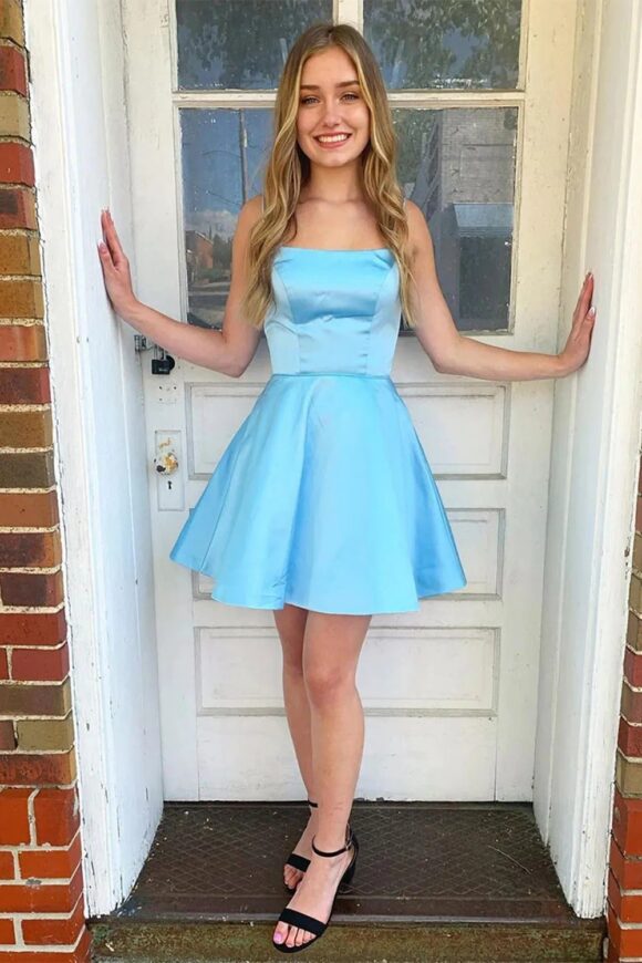 A-line Square Neckline Sleeveless Short/Mini Charmeuse Homecoming Dress-610 A-line Square Neckline Sleeveless Short/Mini Charmeuse Homecoming Dress-610