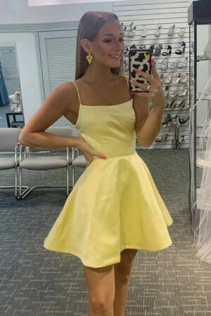 A-line Square Neckline Sleeveless Short/Mini Charmeuse Homecoming Dress-0