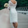 Sheath/Column Lace Scoop Long Sleeves Knee-Length Wedding Dresses-0