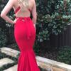 Trumpet/Mermaid Jersey Sleeveless Court Train Prom Dresses Long V Neck Backless Red Prom Gown-509